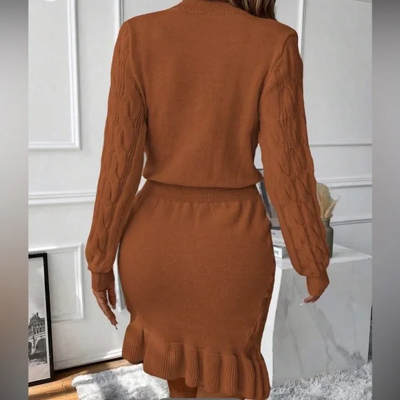 Cozy coffee brown ruffle hem cable knit sweater dress - Picture 7 of 16